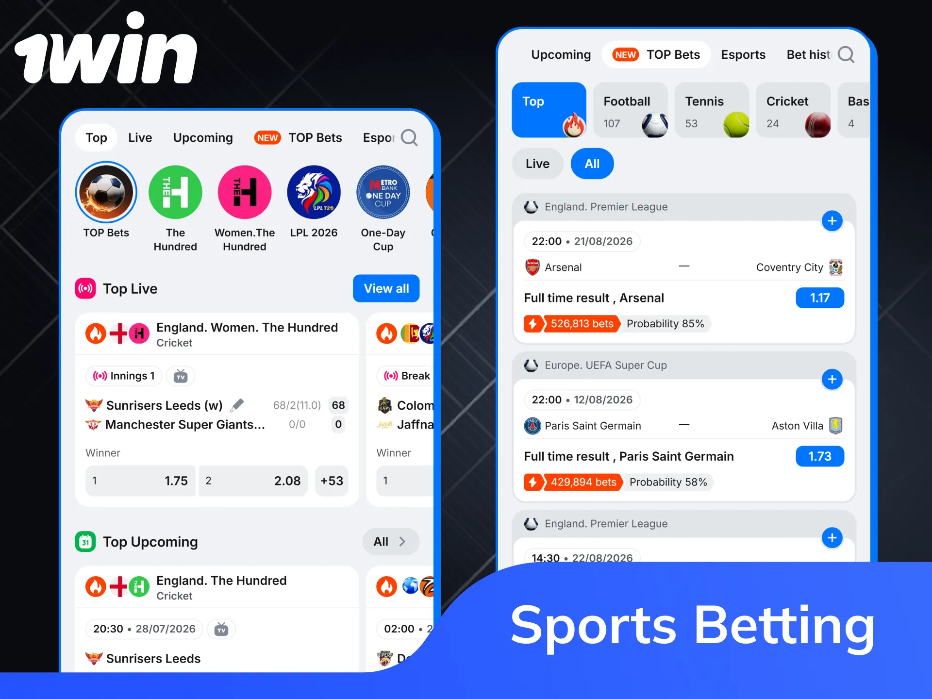1win mobile sports betting app showing cricket and football markets